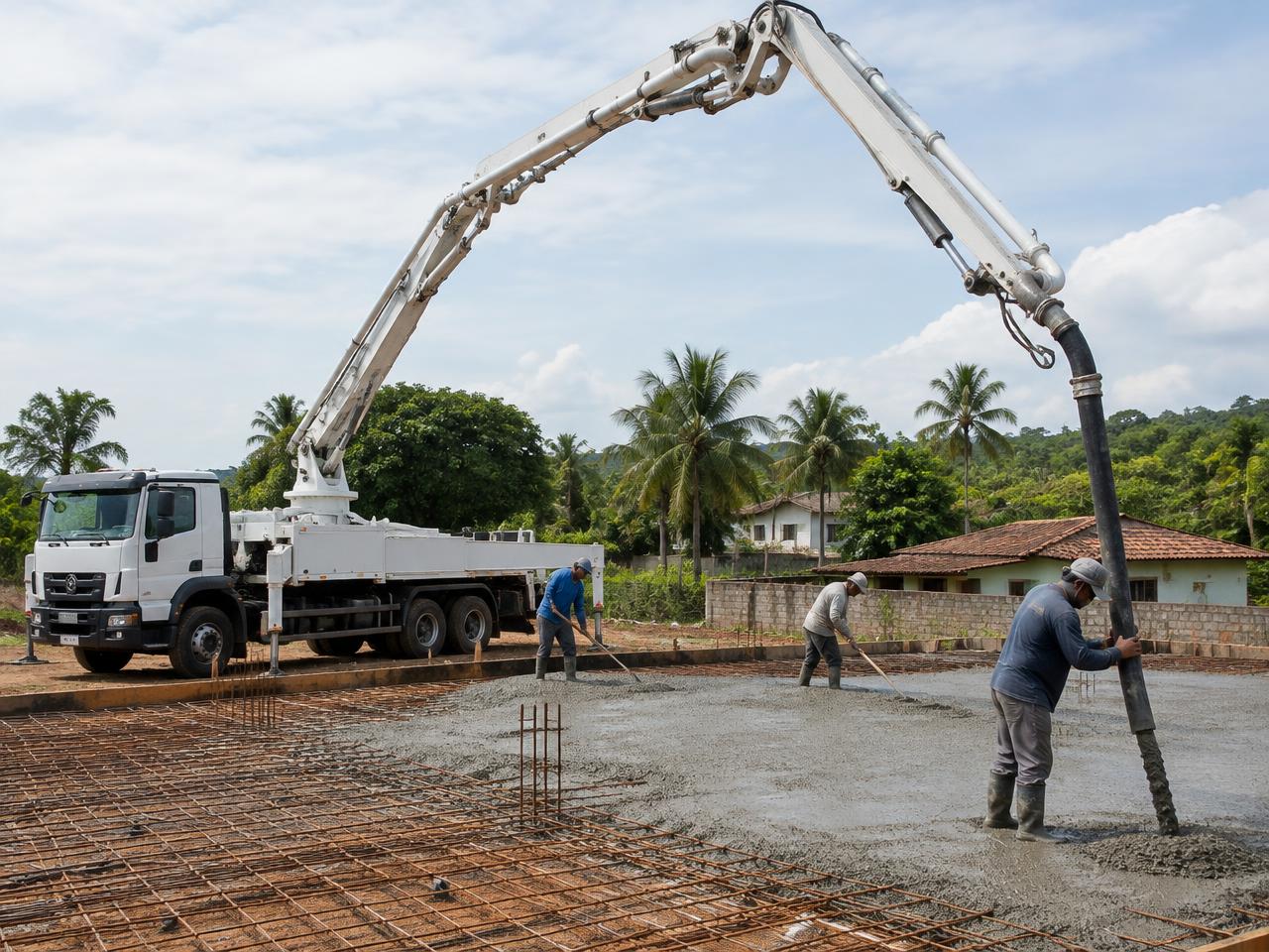 Caminhão bombeando concreto pelo braço do caminhão