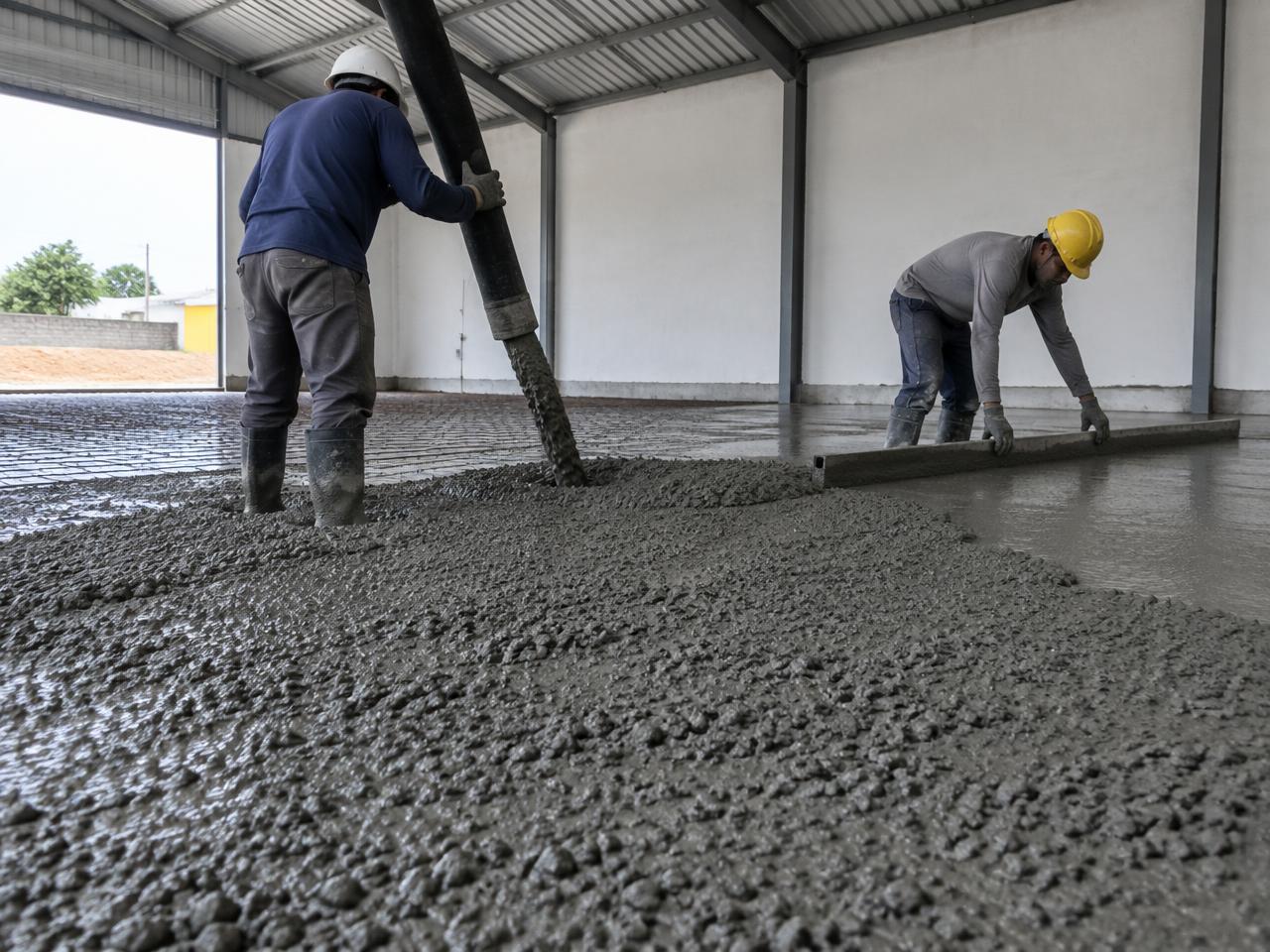 Concreto sendo espalhado e nivelado sobre o piso