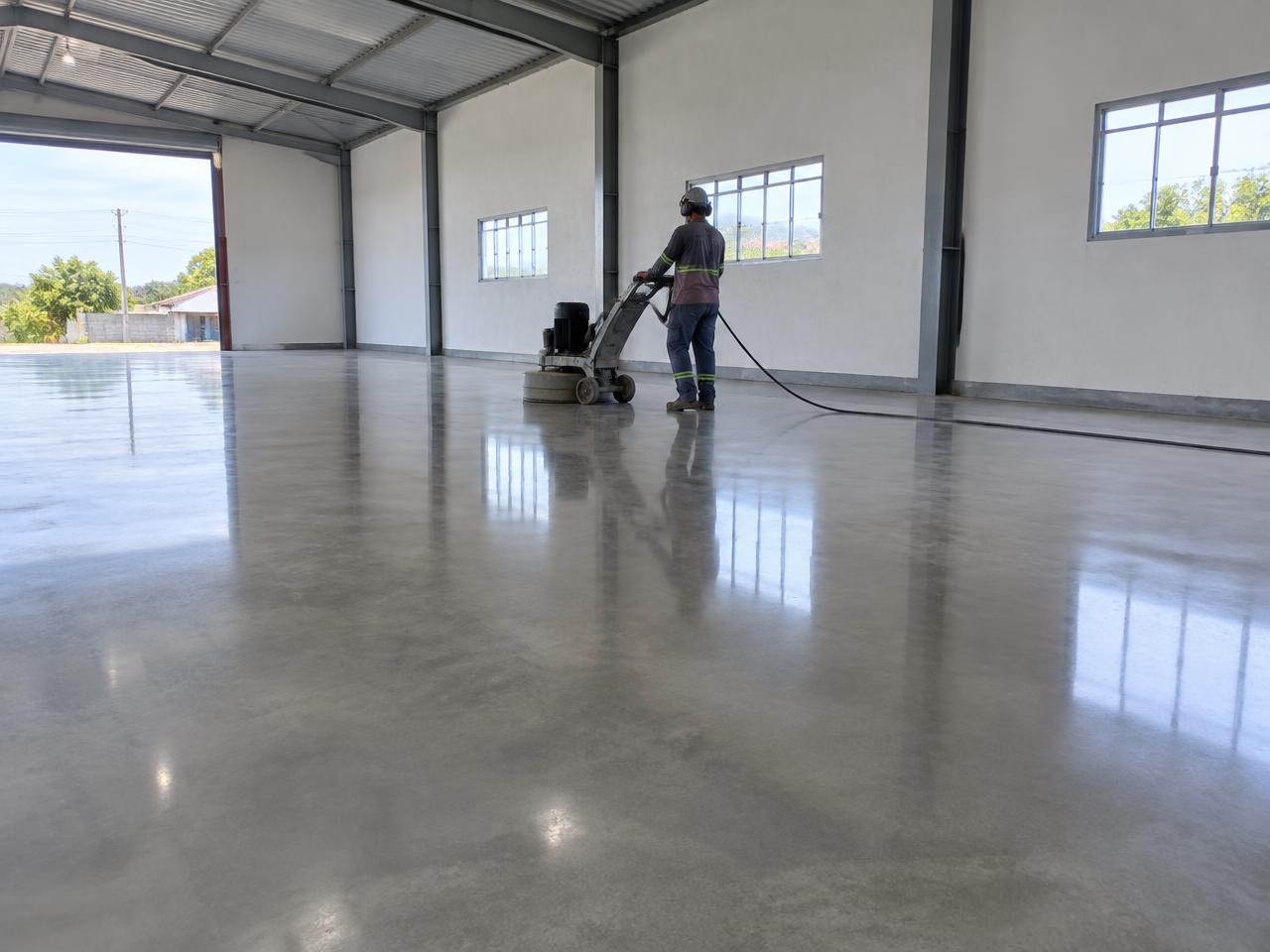 Máquina realizando o polimento de um piso de concreto